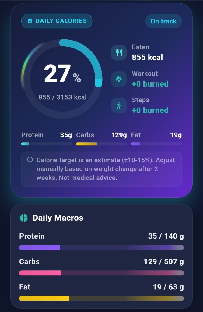 KeplerFit app daily calories and macro tracking screen